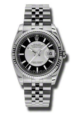 Rolex Oyster Perpetual 36 mm Silver and Black Dial Stainless Steel Jubilee Bracelet Automatic Men's Watch #116234SBKSJ - Watches of America
