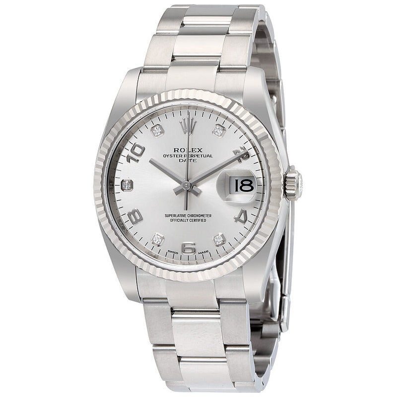 Rolex Oyster Perpetual Date 34 Silver Dial Stainless Steel Bracelet Automatic Men's Watch #115234SADO - Watches of America