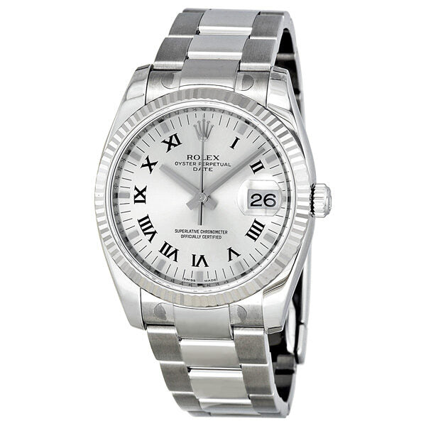 Rolex Oyster Perpetual Date 34 Silver Dial Stainless Steel Bracelet Automatic Men's Watch #115234SRO - Watches of America