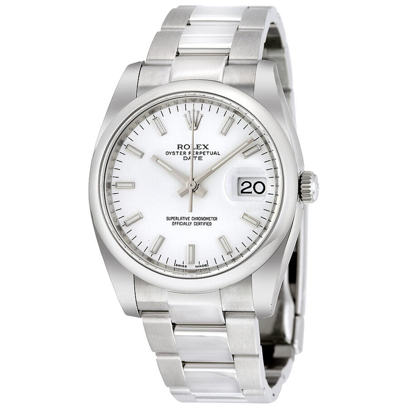 Rolex Oyster Perpetual Date 34 White Dial Stainless Steel Bracelet Automatic Men's Watch #115200WSO - Watches of America