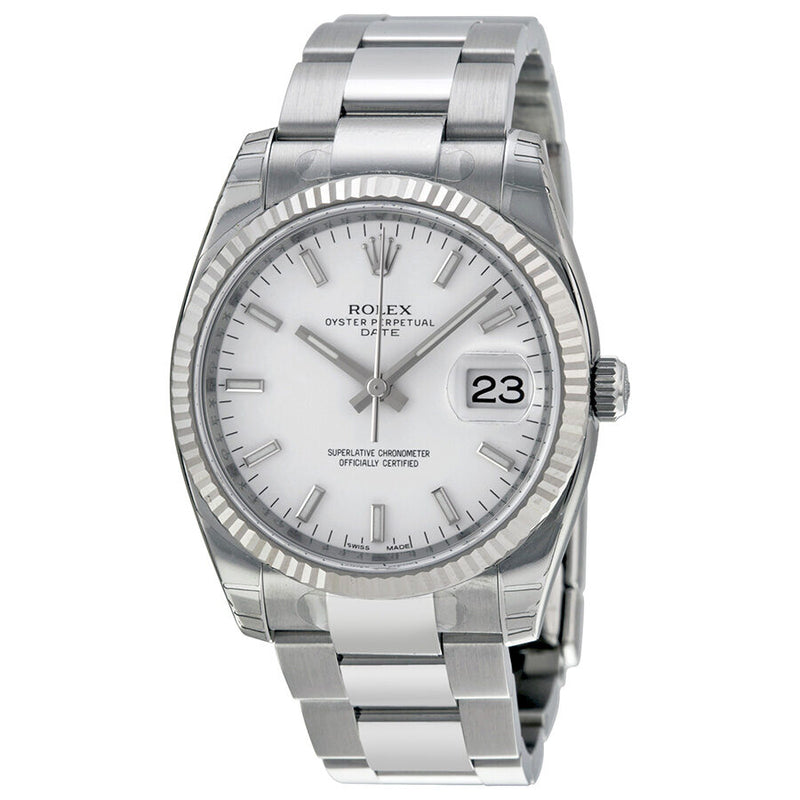 Rolex Oyster Perpetual Date 34 White Dial Stainless Steel Bracelet Automatic Men's Watch #115234WSO - Watches of America