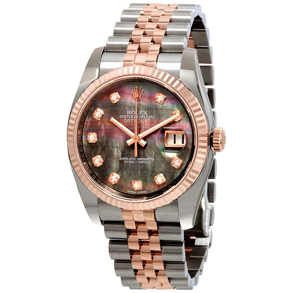 Rolex Oyster Perpetual Datejust 36 Black Mother of Pearl Dial Stainless Steel and 18K Everose Gold Jubilee Bracelet Automatic Ladies Watch #116231BKMDJ - Watches of America