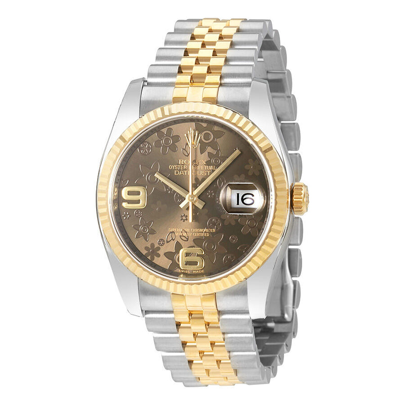 Rolex Oyster Perpetual Datejust 36 Brown Floral Dial Steel and 18K Yellow Gold Jubilee Unisex Watch #116233BRFAJ - Watches of America