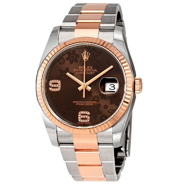 Rolex Oyster Perpetual Datejust 36 Chocolate Floral Diamond Dial Steel & 18K Everose Gold Unisex Watch #116231CHFDAO - Watches of America