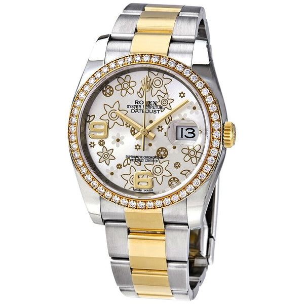 Rolex Oyster Perpetual Datejust 36 Silver Floral Dial Stainless Steel and 18K Yellow Gold Bracelet Automatic Ladies Watch #116243SFAO - Watches of America