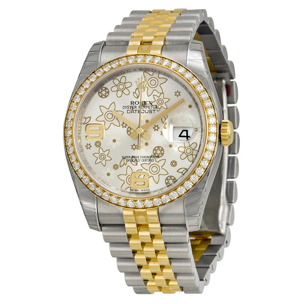 Rolex Oyster Perpetual Datejust 36 Silver Floral Dial Stainless Steel and 18K Yellow Gold Jubilee Bracelet Automatic Unisex Watch #116243SFAJ - Watches of America