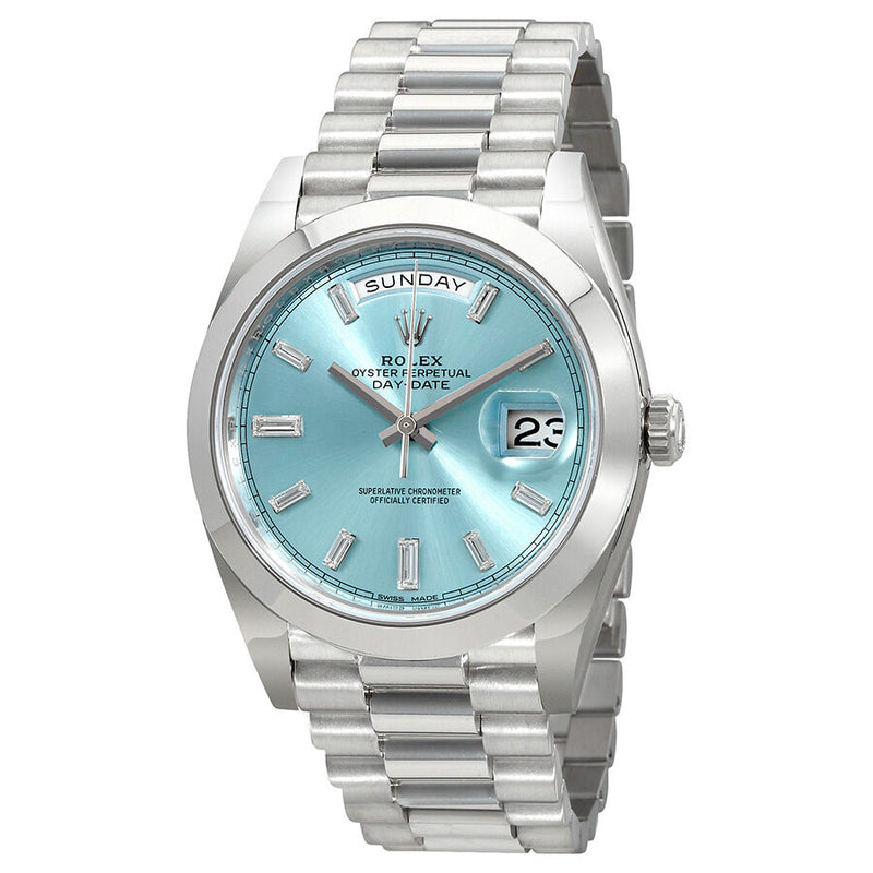 Rolex Oyster Perpetual Day-Date Ice Blue Baguette Dial Platinum President Automatic Men's Watch #228206IBLDP - Watches of America