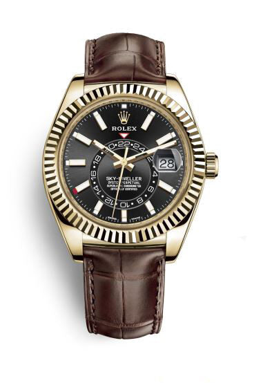 Rolex Sky-Dweller Black Dial Automatic 18kt Yellow Gold Men's Leather Watch #326138BKSL - Watches of America