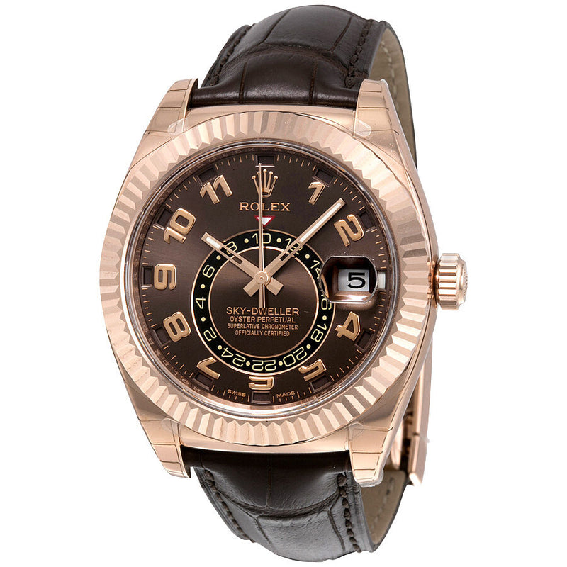 Rolex Sky Dweller Brown Dial GMT 18k Rose Gold Leather Men's Watch #326135BRAL - Watches of America