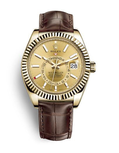 Rolex Sky-Dweller Champagne Dial Automatic 18kt Yellow Gold Men's Leather Watch #326138CSL - Watches of America