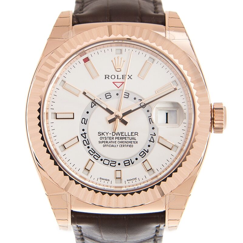 Rolex Sky-Dweller White Dial Automatic 18kt Everose Gold Men's Leather Watch #326135WSL - Watches of America