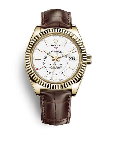 Rolex Sky-Dweller White Dial Automatic 18kt Yellow Gold Men's Leather Watch #326138WSL - Watches of America