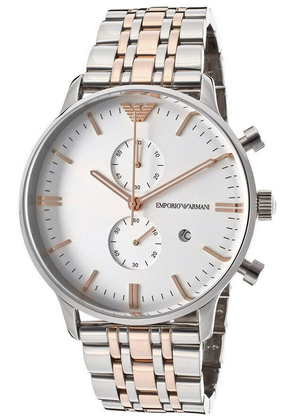 Emporio Armani Steel Two Tone Silver Rose Gold Chronograph Men's Watch#AR0399 - Watches of America