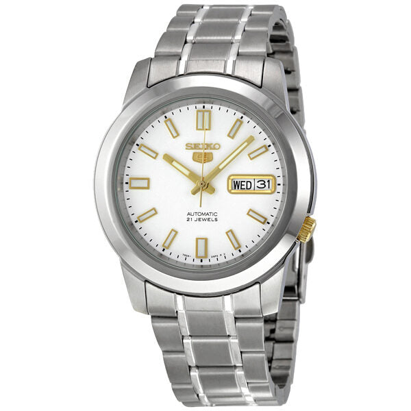 Seiko 5 Automatic Stainless Steel White Dial Men's Watch #SNKK07 - Watches of America