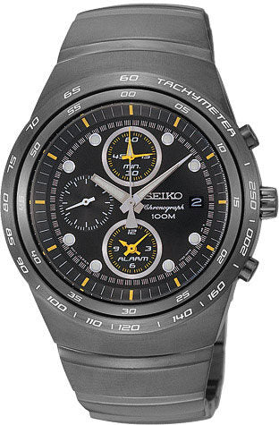 Seiko Black Dial Alarm Chronograph Grey PVD Steel Men's Watch #SNAA87P1 - Watches of America