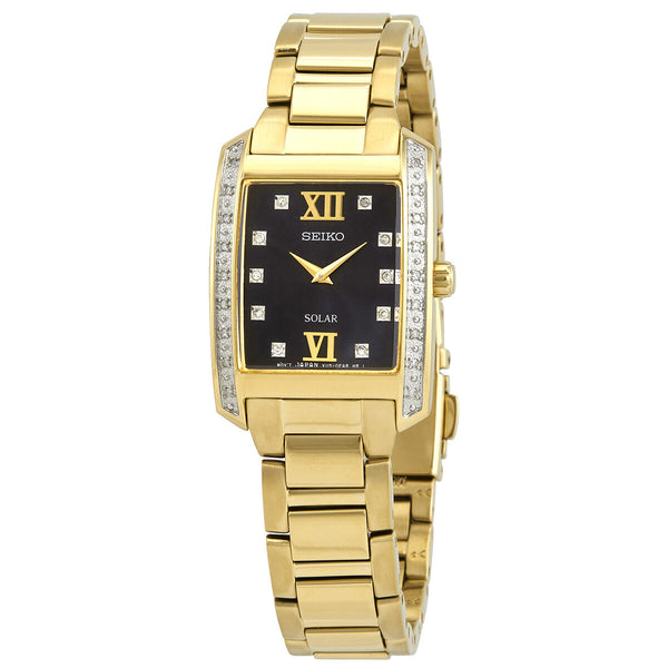 Seiko Diamond Black Dial Yellow Gold-tone Ladies Watch #SUP406 - Watches of America
