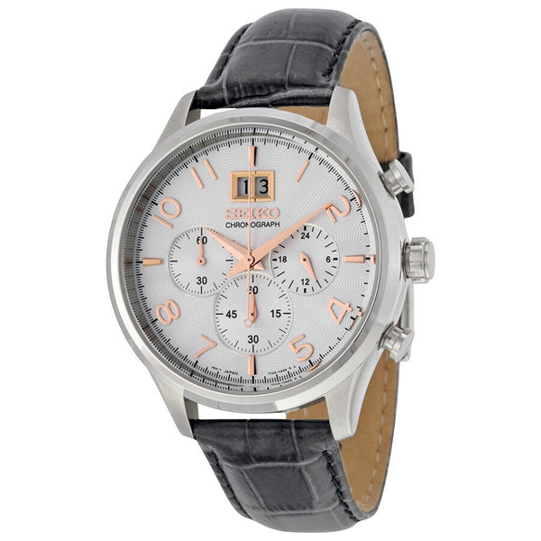 Seiko Chronograph Silver Dial Gray Leather Men's Watch #SPC087 - Watches of America