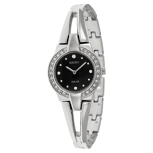 Seiko Solar Black Dial Stainless Steel Ladies Watch #SUP205 - Watches of America