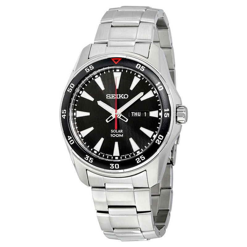 Seiko men's silvertone black 2025 dial solar calendar watch