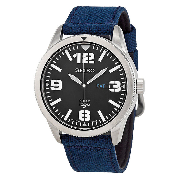 Seiko Solar Black Dial Blue Nylon Men's Watch #SNE329 - Watches of America