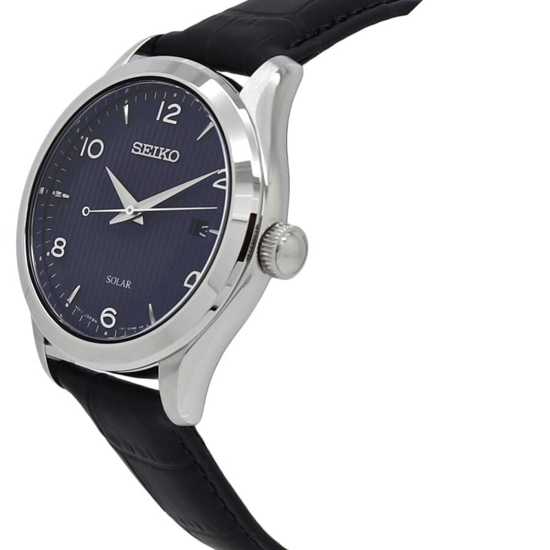 Seiko Solar Quartz Blue Dial Black Leather Men's Watch #SNE491 - Watches of America #2