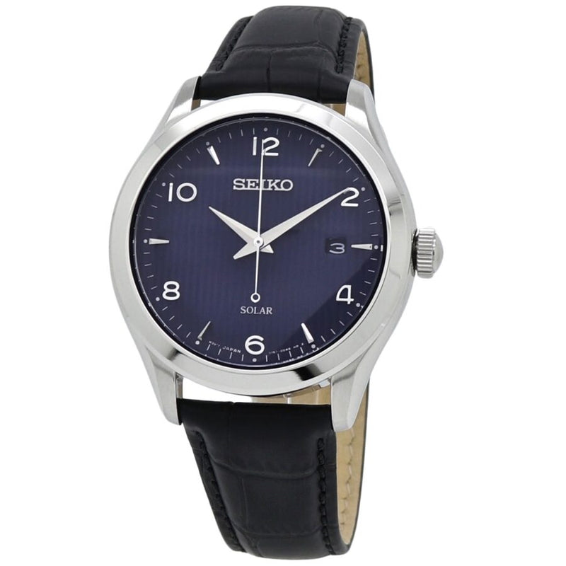 Seiko Solar Quartz Blue Dial Black Leather Men's Watch #SNE491 - Watches of America