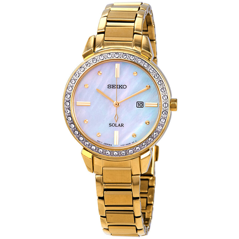 Seiko Solar Swarovski Crystal Mother of Pearl Ladies Watch #SUT330 - Watches of America