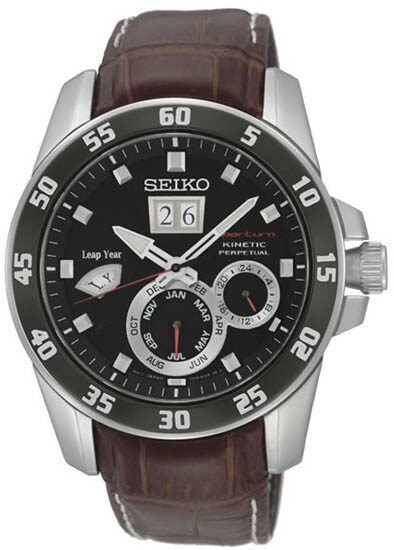 Seiko Sportura Perpetual Calendar Black Dial Brown Leather Strap Men's Watch #SNP055P2 - Watches of America