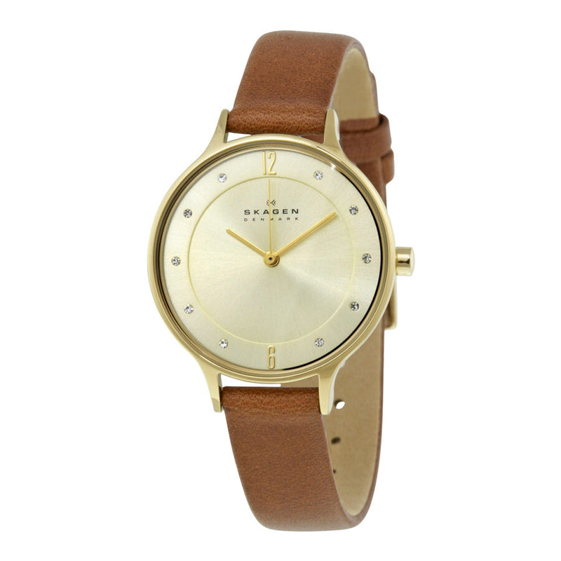 Skagen Anita Champagne Dial Brown Leather Ladies Watch #SKW2147 - Watches of America