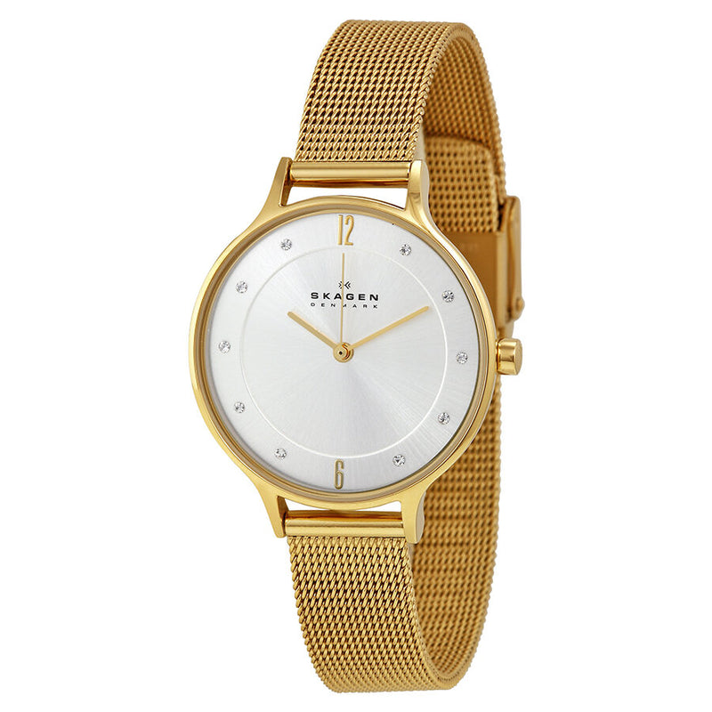 Skagen Anite Silver Dial Gold-tone Mesh Ladies Watch #SKW2150 - Watches of America