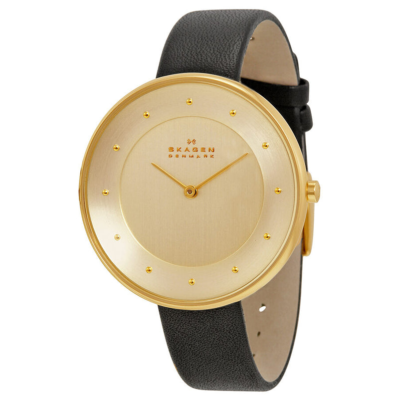 Skagen Ditte Gold Dial Black Leather Ladies Watch SKW2262 - Watches of America