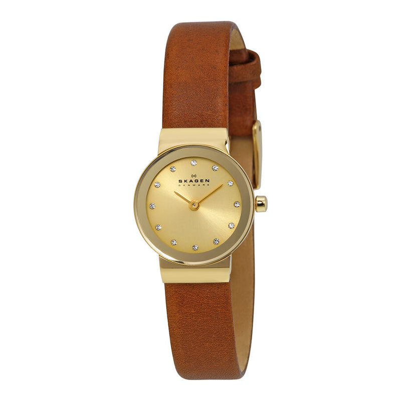 Skagen Freja Gold Dial Brown Saddle Leather Ladies Watch SKW2175 - Watches of America