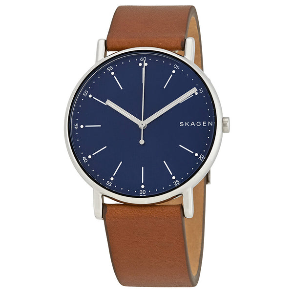 Skagen Signature Blue Dial Brown Leather Men's Watch #SKW6355 - Watches of America