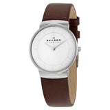 Skagen White Dial Brown Leather Ladies Watch SKW2058 - Watches of America