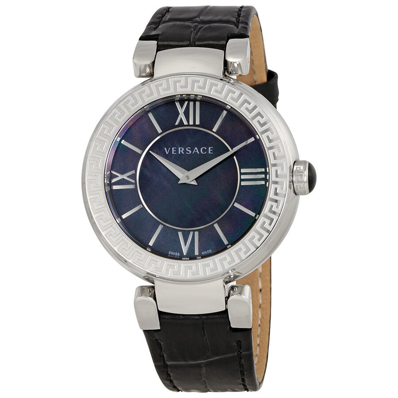 Versace Leda Black Mother of Pearl Dial Black Leather Ladies Watch #VNC180017 - Watches of America