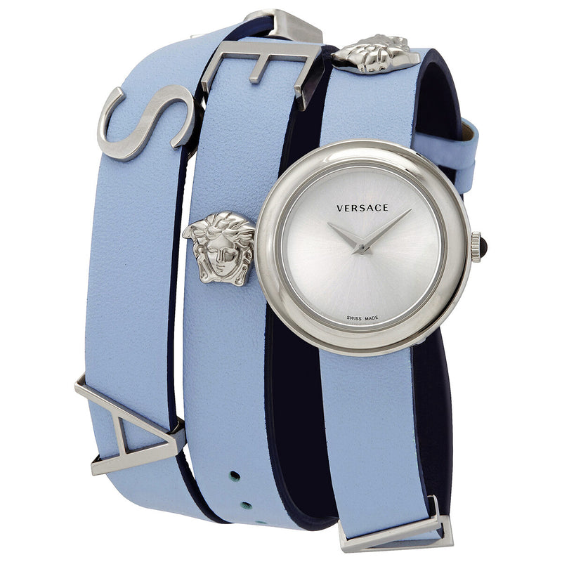 Versace Quartz Silver Dial Light Blue Leather Ladies Watch #VEBN00118 - Watches of America