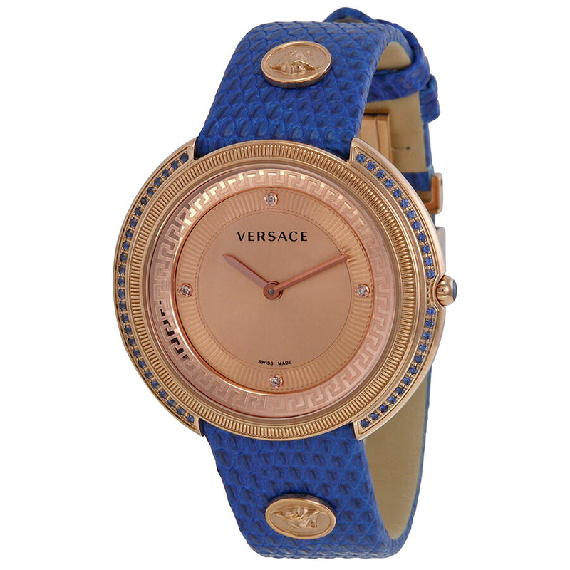 Versace Thea Gold Dial Blue Leather Ladies Watch #VA708-0013 - Watches of America