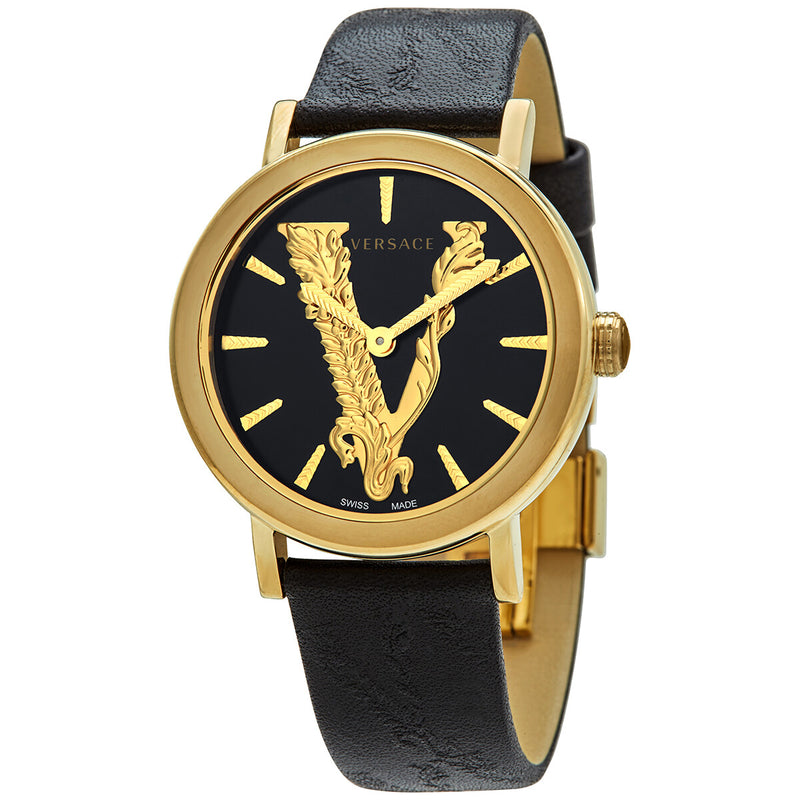 Versace Virtus Quartz Black Dial Black Leather Ladies Watch VEHC00119 - Watches of America
