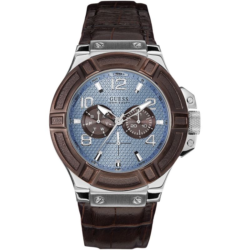 Guess Rigor Blue Dial Leather Strap Men's Watch0  W0040G1 - Watches of America